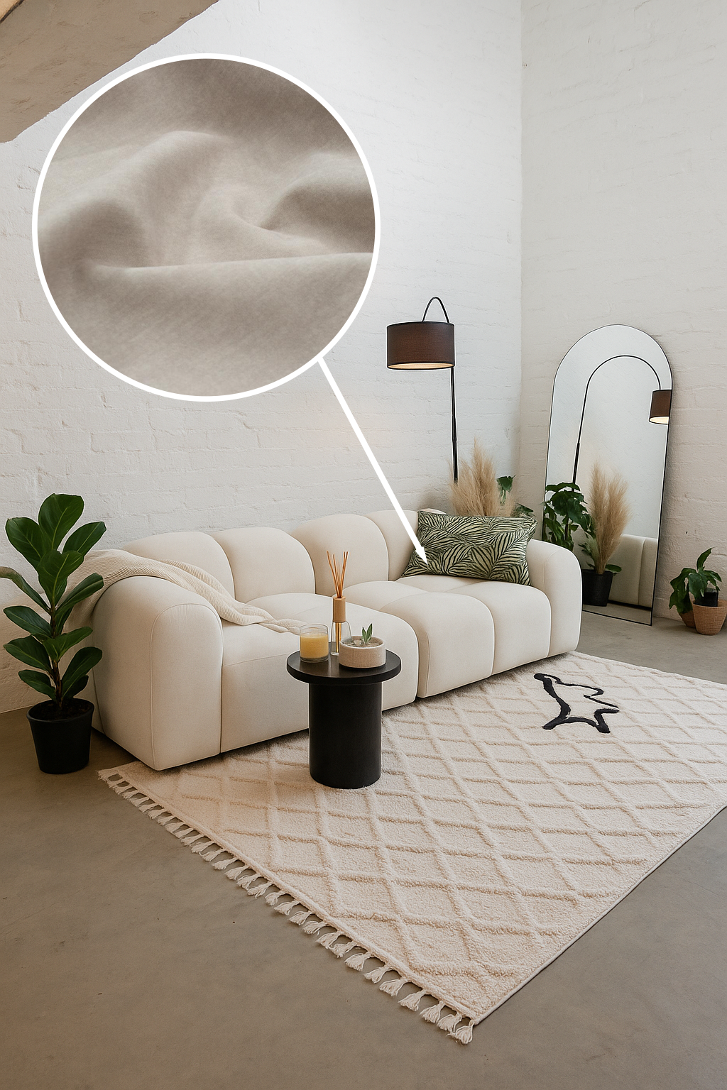 Modern living room with a white sofa, rug, and decorative elements.